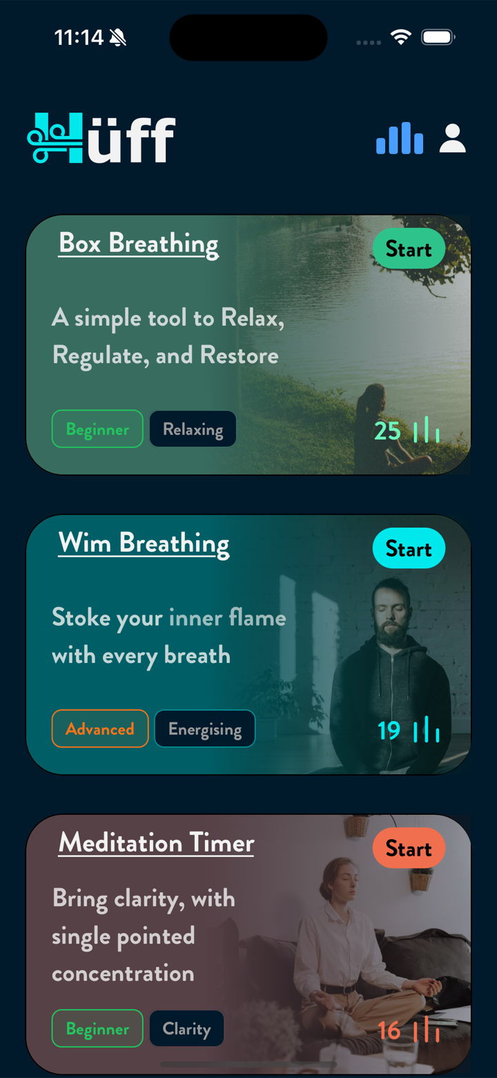 The Hüff app home screen